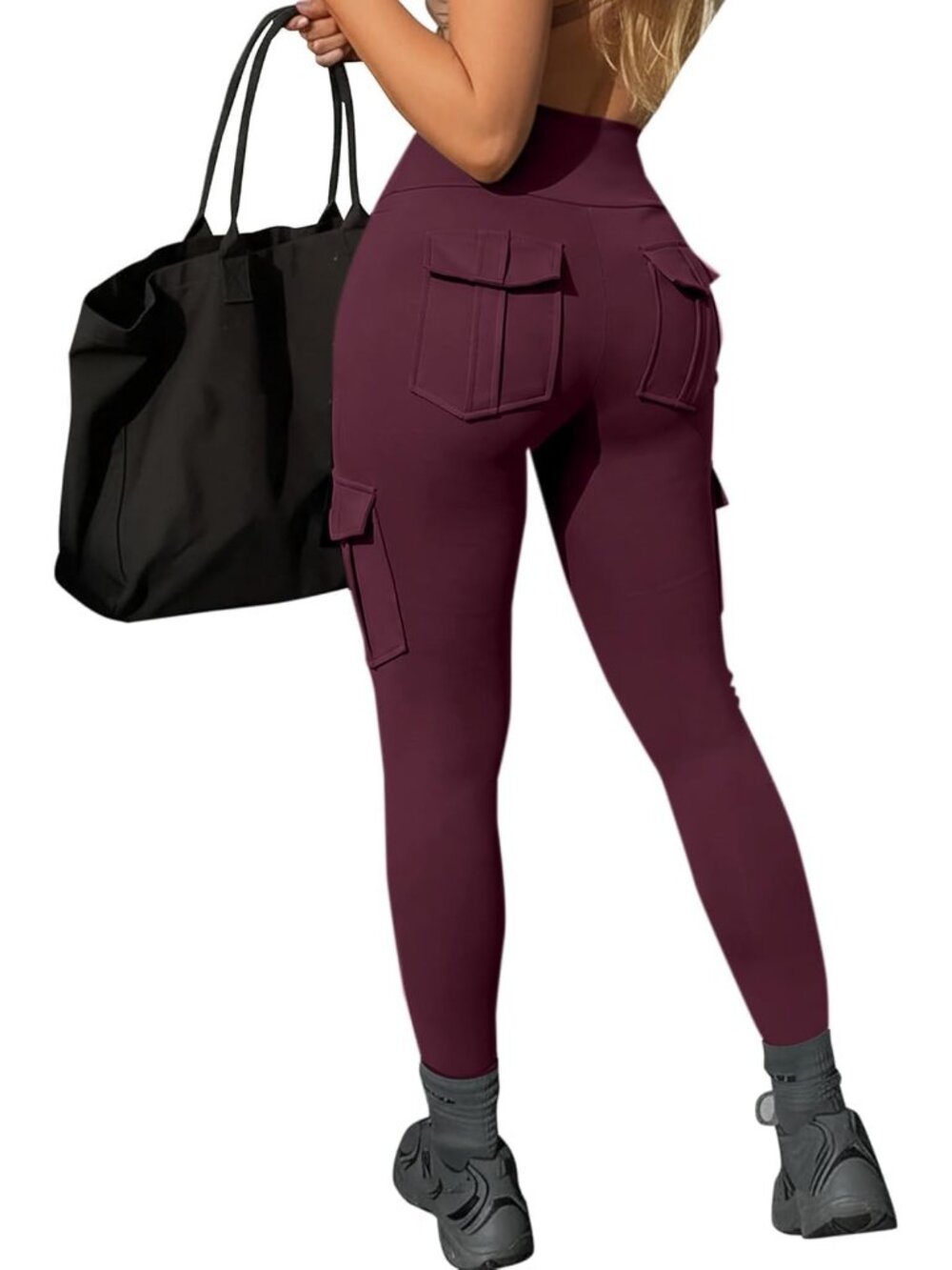 Women's Red High Waisted Tummy Control Running Workout Leggings with Pocket